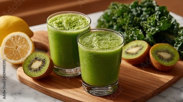 Fototapeta Fresh Green Smoothie with Kiwi Lemon and Kale 1.