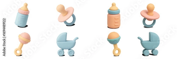 Fototapeta 3D baby care icon set with feeding bottle, pacifier, rattle, and stroller for newborn and infant accessories isolated on white background