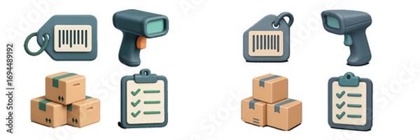 Fototapeta 3D icon set for logistics and delivery with barcode scanner, cardboard boxes, price tag, and checklist for warehouse management