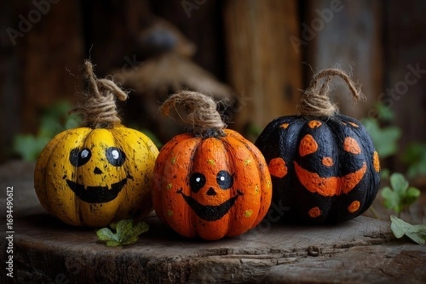 Fototapeta Colorful painted pumpkins with cheerful faces arranged on a rustic wooden surface for Halloween celebration