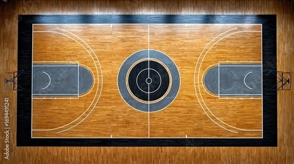 Fototapeta Overhead View of Basketball Court with Lines and Hoops.