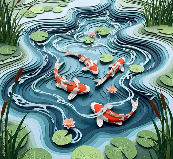 Fototapeta Serene Paper Cut Koi Fish Pond with Lily Pads and Reeds - Layered Paper Art Illustration