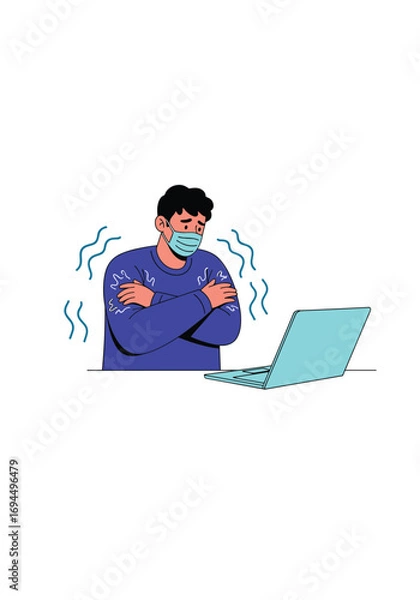Fototapeta Person wearing mask feeling cold shivers while working on a laptop at home