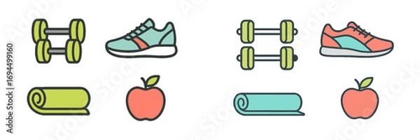Fototapeta Collection of fitness and healthy lifestyle objects including dumbbells, running shoes, yoga mats, and apples for workout and exercise