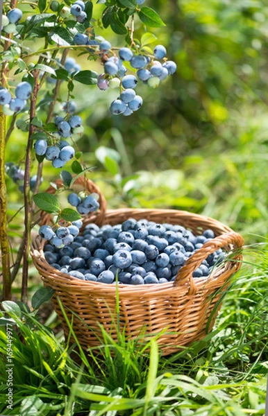 Obraz Ripe Bilberries in wicker basket. Green grass and blueberry bush