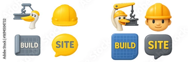 Fototapeta Cute construction icon set with builder characters, a goose with a crane, a hard hat, and website building elements