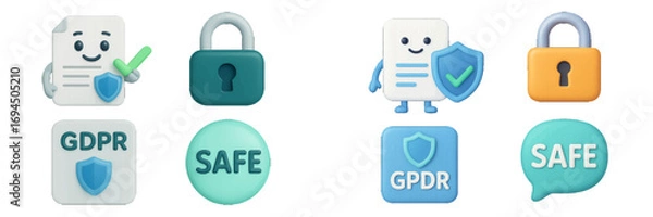 Fototapeta 3D icon set for GDPR data protection and internet security with padlock, shield, and safe document symbols for privacy compliance