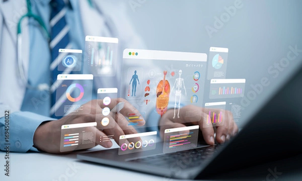 Fototapeta Doctor using AI technology to analyze human body health data with futuristic medical charts and digital interface, representing innovation in healthcare, hospital research and artificial intelligence