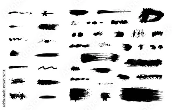 Fototapeta Collection of Black Brush Strokes and Splatters on White Background