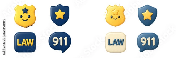 Fototapeta 3D police badge icon set with cute kawaii face, law symbol, and 911 emergency call bubble on a white background