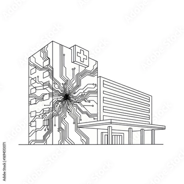 Obraz Modern Hospital Building with Circuit Board Design.