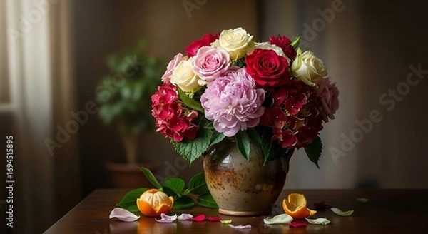 Obraz Roses with peonies, and hydrangeas bouquet.