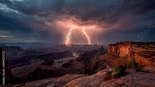 Fototapeta Dramatic Lightning Over Canyon Landscape at Dusk with Clouds