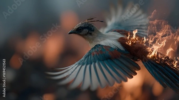 Fototapeta Colorful Bird in Flight Surrounded by Flames and Smoke