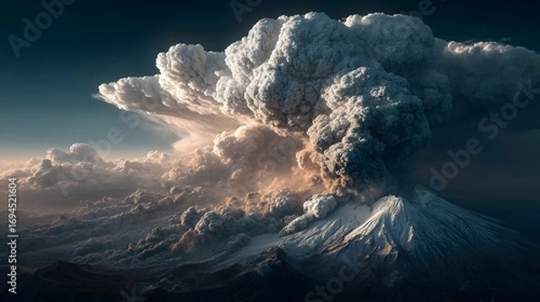 Fototapeta Erupting Volcano with Ash Clouds and Dramatic Sky Over Mountains