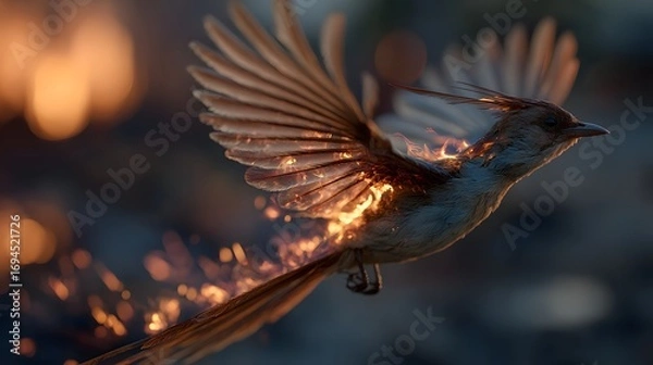 Fototapeta Glowing Bird in Flight with Fiery Wings and Ethereal Sparks