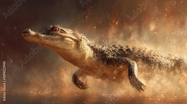 Fototapeta Alligator Emerging From Water Surrounded by Flames and Smoke