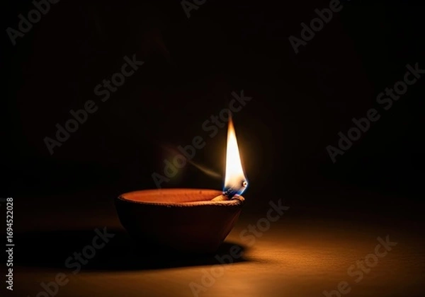 Fototapeta Illuminated Clay Diya Oil Lamp Burning Bright in Dark Background Diwali Festive Image