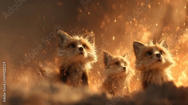 Fototapeta Three Cute Foxes Surrounded by Warm Glowing Ashes and Sparks