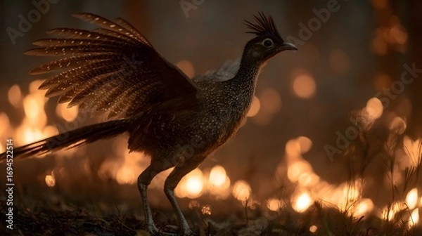 Fototapeta Majestic Bird Displaying Feathers Amidst Dramatic Fire Background