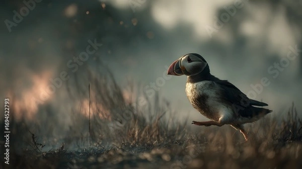 Fototapeta Charming Puffin Bird Running Through Magical Nature Scene
