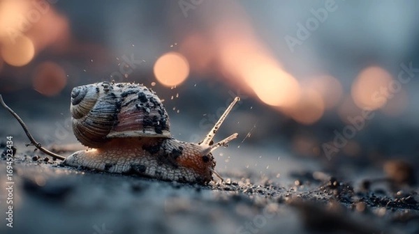 Fototapeta Snail on Ashy Ground with Warm Glows from Distant Flames Nearby