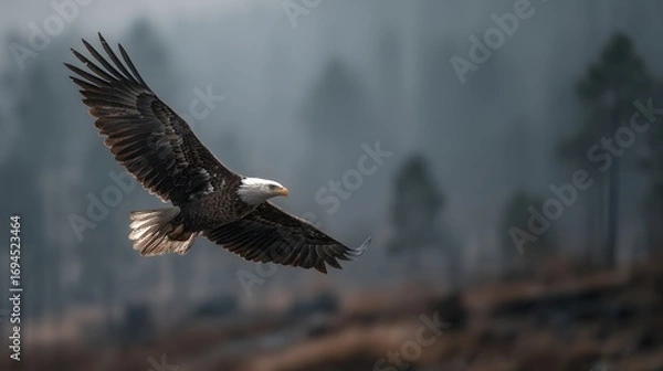 Fototapeta Majestic Bald Eagle Soaring Across Misty Forest Landscape in Flight