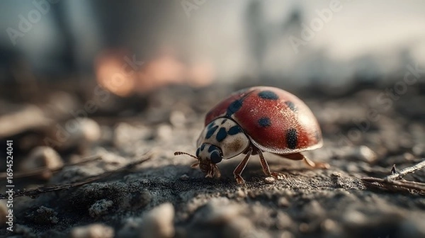 Fototapeta Close-Up View of a Vibrant Ladybug Crawling on Ground Surface