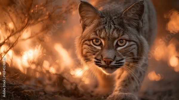 Fototapeta Intense Wildcat Approaching Through Flames in Fiery Wilderness Scene