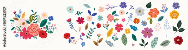 Obraz Flowers and leaves. Beautiful botanical flower collection with roses, leaves, floral bouquets, flower compositions.	