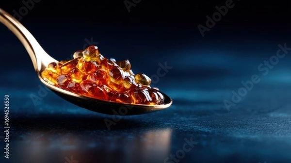 Fototapeta This artistic close-up captures glossy amber caviar resting on a lavish golden spoon, illustrating luxury and indulgence in a striking visually appealing manner.