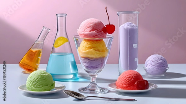 Fototapeta An assortment of vibrant, artisanal ice cream scoops displayed in a scientific laboratory setting, with beakers and other glassware in the background.