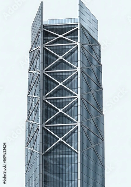 Fototapeta Modern skyscraper facade featuring geometric steel support structure