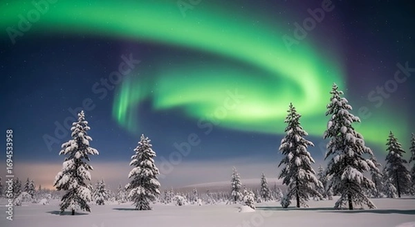 Fototapeta Aurora Borealis over snowy forest.