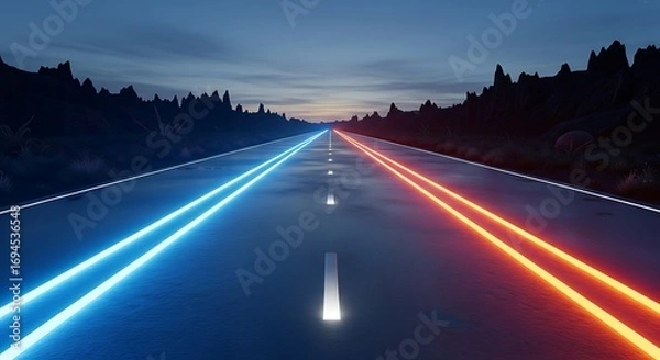 Fototapeta Neon illuminated journey through vast landscapes at night in two ways