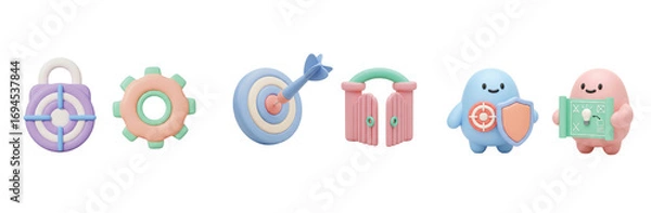 Obraz A 3D collection of business strategy icons representing the process of achieving goals, including security, targeting, and access