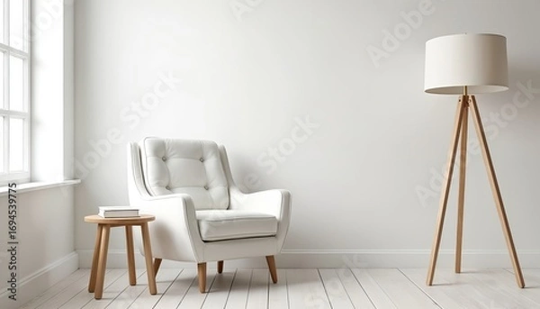 Fototapeta Minimalist interior scene with white armchair, wooden side table next to window. Floor lamp with wooden legs stands nearby. Bright white walls, wooden floor create clean, modern aesthetic suitable