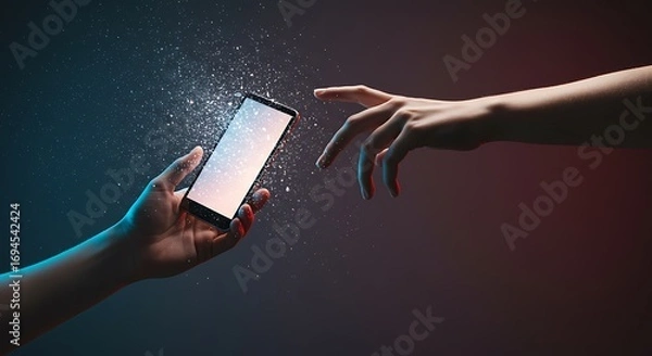 Fototapeta Hands reaching towards glowing smartphone, digital particles surrounding device, concept of connection and technology energy transfer