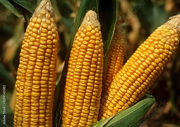 Fototapeta Close-up of ripe corn cobs showcasing their vibrant yellow kernels, ready for harvest in a sunlit field.