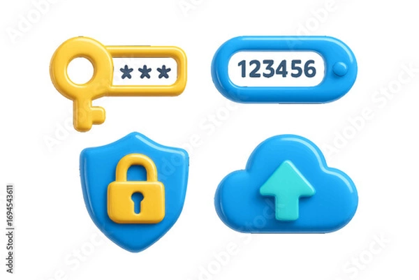 Fototapeta Digital security and data protection symbols with password key, shield lock, one-time password, and cloud upload