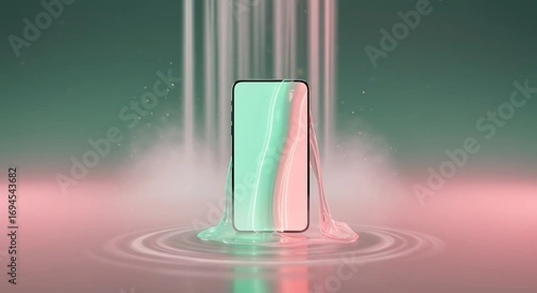 Fototapeta Modern smartphone surrounded by liquid pastel waves, abstract fluid veil in pink and green tones, technology concept