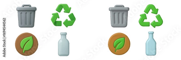 Fototapeta Detailed 3D render of environmental conservation symbols including recycling bin, green arrows, fresh leaf, and blue bottle