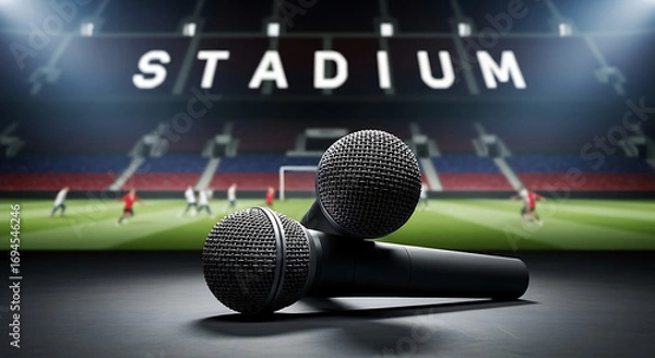 Fototapeta Two microphones on a table ready for sports commentary in a packed stadium at night