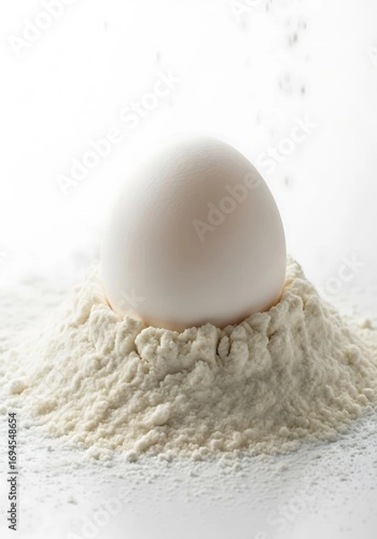 Fototapeta Single egg nestled in a mound of flour against a bright backdrop