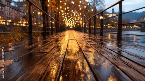 Fototapeta An enchanting wooden walkway glistening after rain, adorned with warm string lights, invites people to stroll beneath a canopy of autumn trees, fostering a romantic and inviting atmosphere.