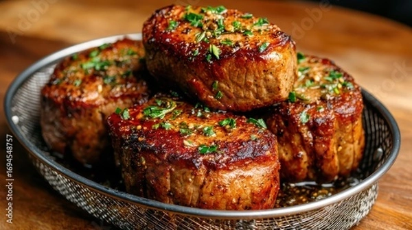 Fototapeta A mouthwatering arrangement of four juicy grilled meat cuts topped with fresh herbs, showcasing culinary mastery and inviting gourmet experiences for meat lovers and food enthusiasts alike.