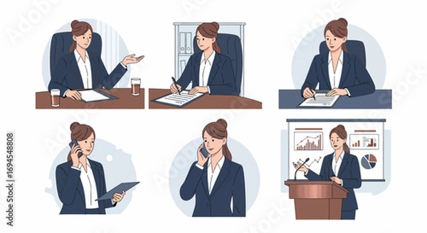 Obraz Flat vector illustration business woman actions multitasking work