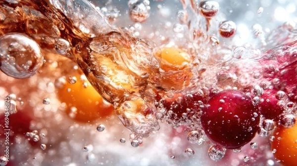 Fototapeta An action-packed image of fresh fruits splashing into water, creating a vibrant scene filled with energy, bubbles, and a sense of refreshment and vitality.