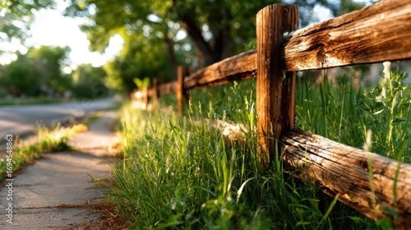 Fototapeta A charming rustic wooden fence lines a sunlit sidewalk, surrounded by lush grass, inviting pedestrians to appreciate the simple beauty of the outdoors on a clear day.