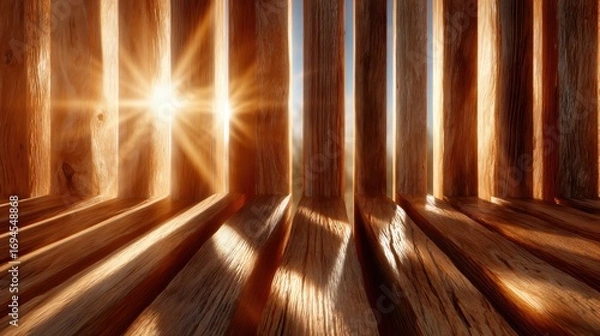Fototapeta A warm and inviting composition with sunlight streaming through wooden slats, casting beautiful shadows and highlights, representing serenity and connection to nature.